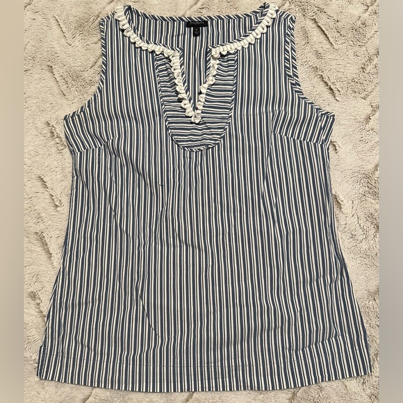 TALBOTS SLEEVELESS Applique V Neck Blouse SIZE 6 Striped Tunic Cotton Blend - Picture 2 of 7